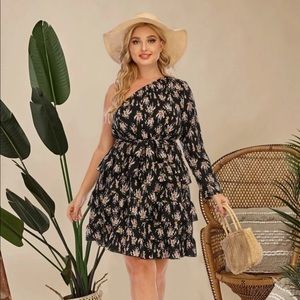 Plus Floral Print One Shoulder Dress